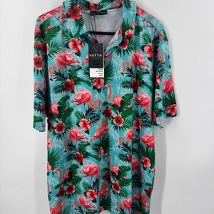 NWT Yatta Golf Mens XL Flamingo Hawaiian Tropical Print Short Sleeve Polo Shirt